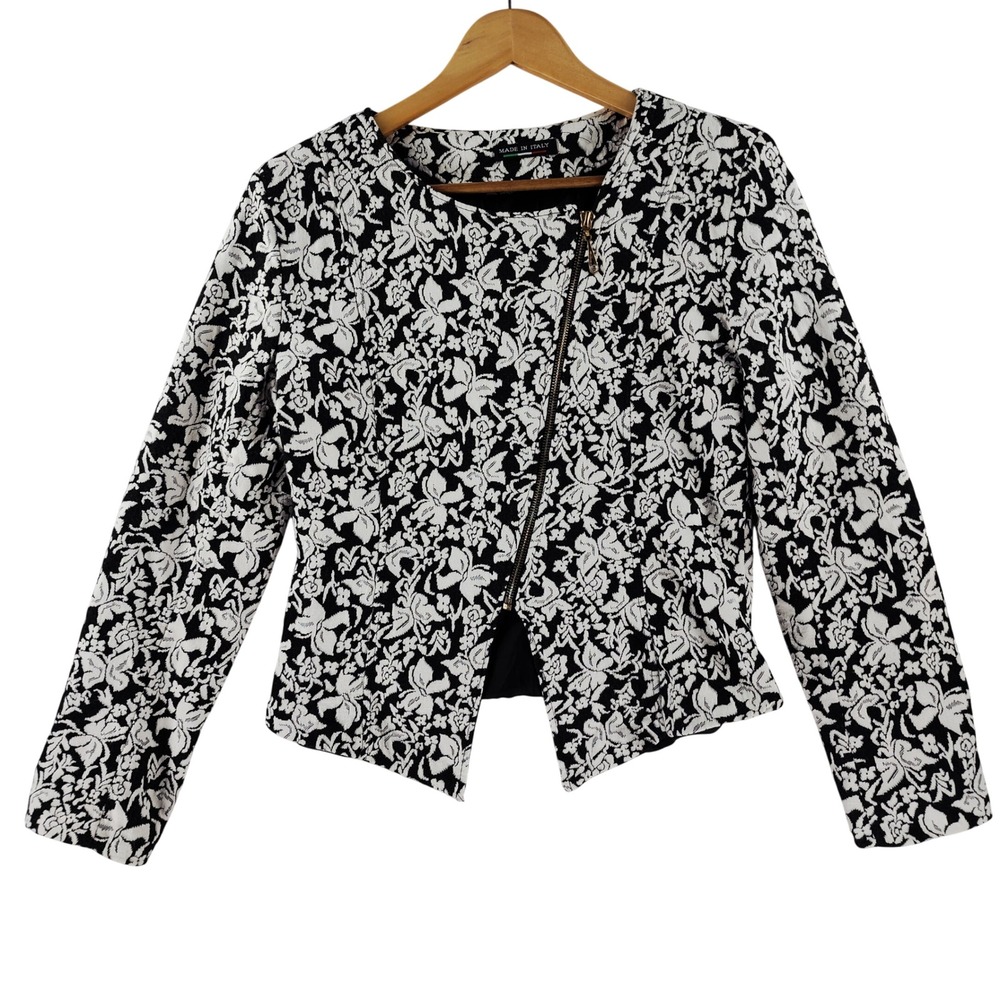 Made in Italy Moto Jacket Womens L Black White Floral Jacquard Asymmetric Zip
